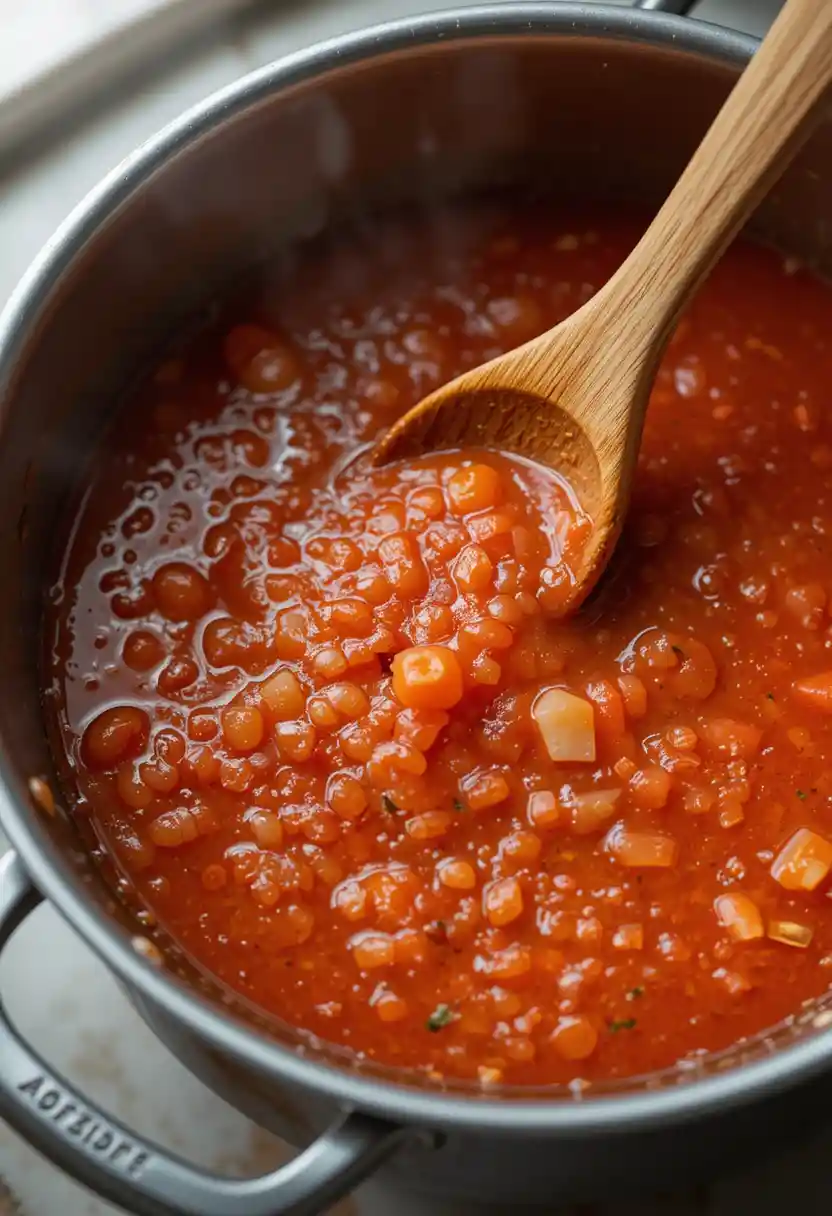 Turkish tomato soup simmering in a pot with wooden spoon