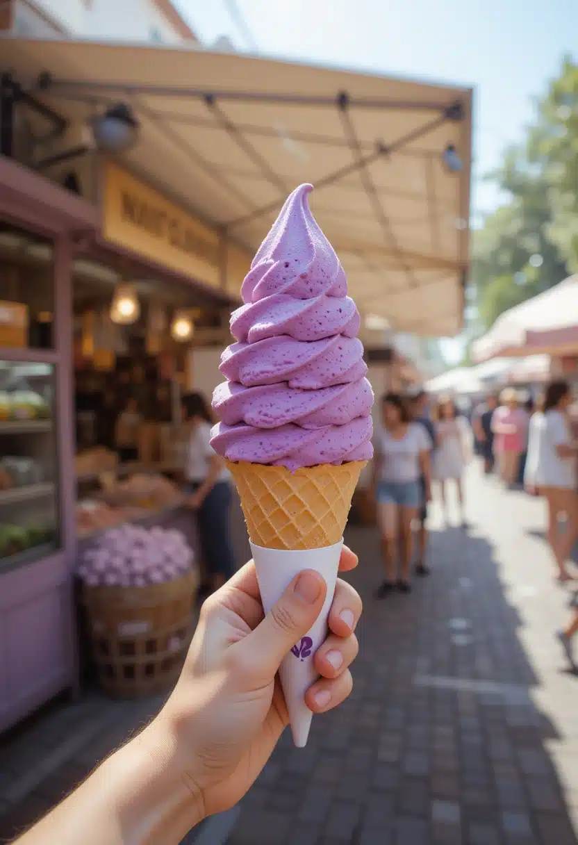 hand holding taro ice cream cone