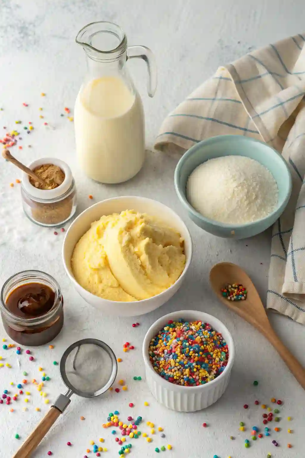 cake batter ice cream ingredients flat lay