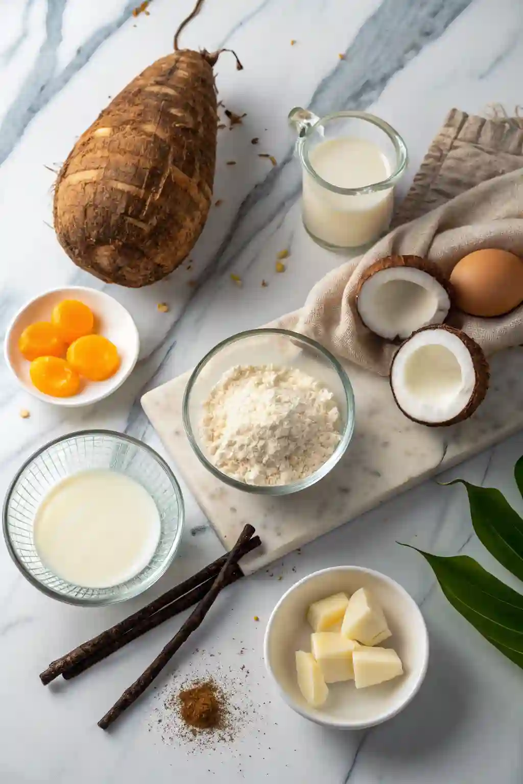 taro ice cream ingredients laid out on marble