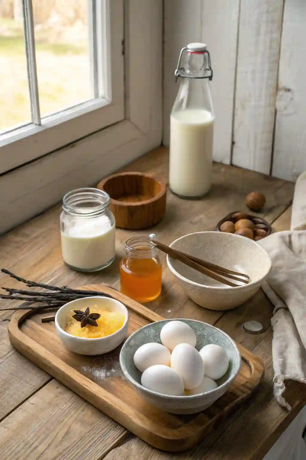 Goat milk ice cream ingredients on wooden table