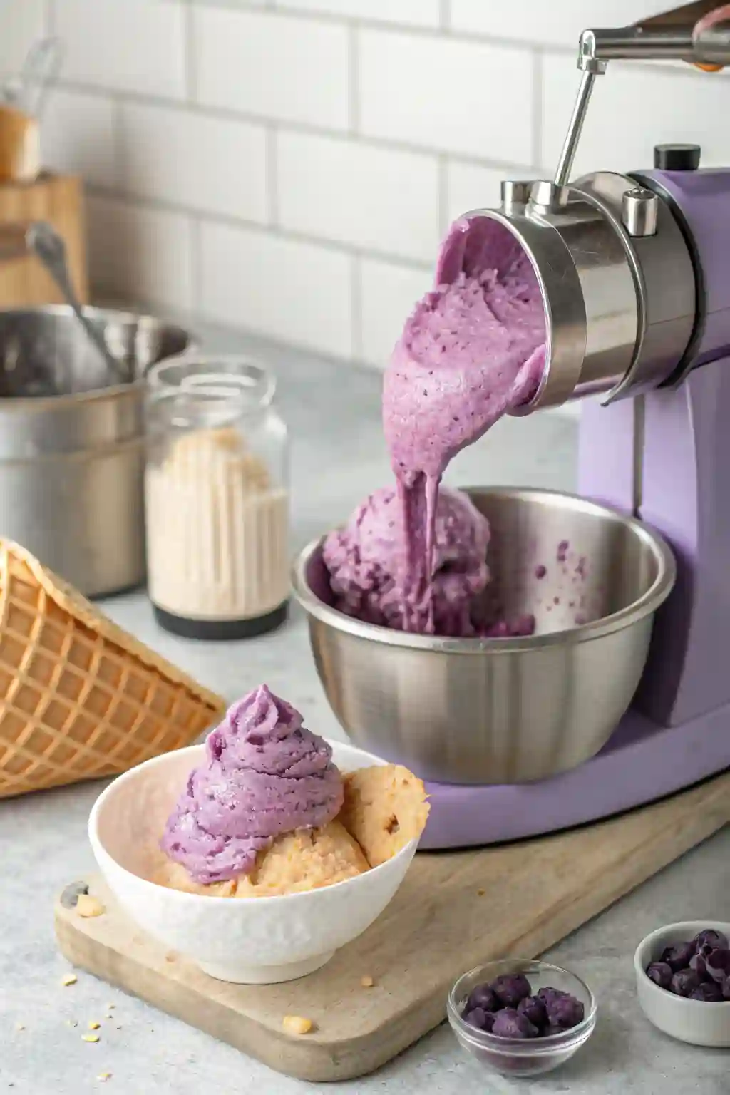churning taro ice cream mixture in an ice cream maker