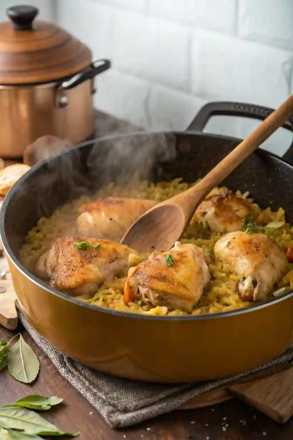 Simmering Chicken and Rice in Pot
