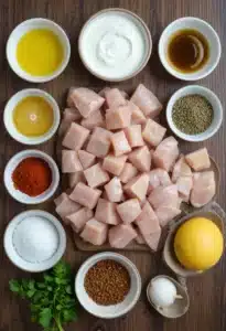 Turkish Chicken Kebab Recipe: Just 25 Minutes To Authentic Flavor 12 Ingredients for Turkish chicken kebab laid out on kitchen counter
