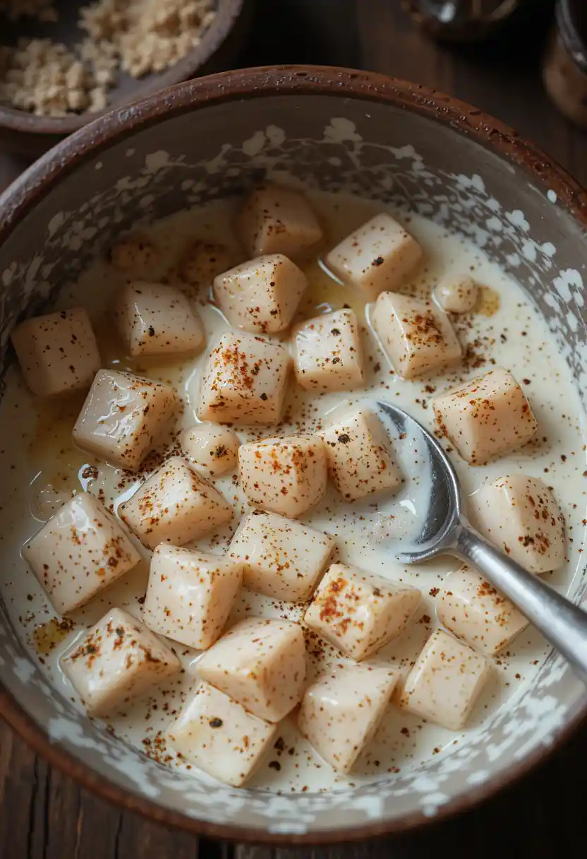 Chicken marinating in yogurt and spices for Turkish kebab