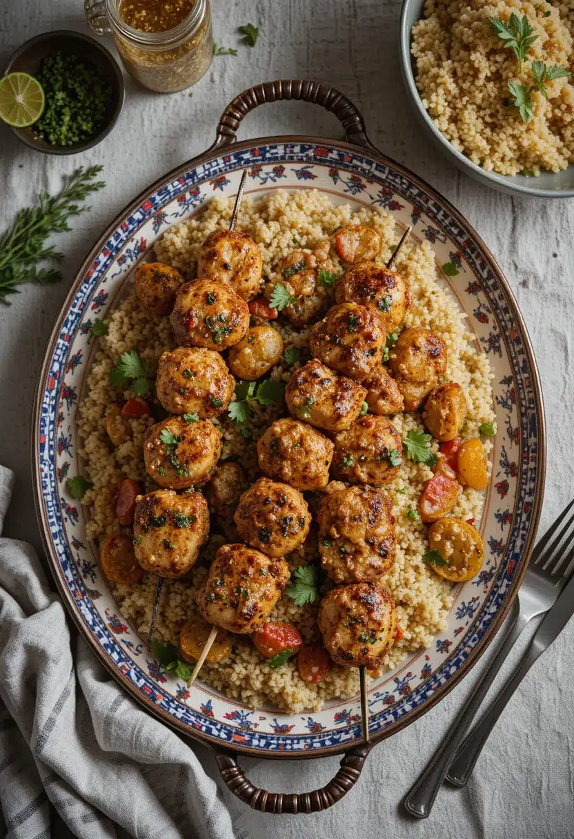 Plated Turkish chicken kebab with bulgur and vegetables