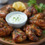 Turkish grilled chicken wings on wooden board with yogurt sauce