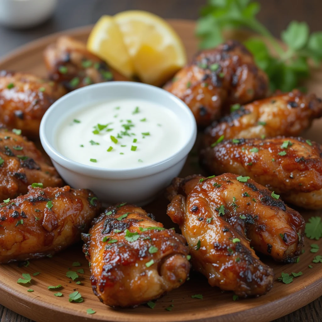 Turkish grilled chicken wings on wooden board with yogurt sauce