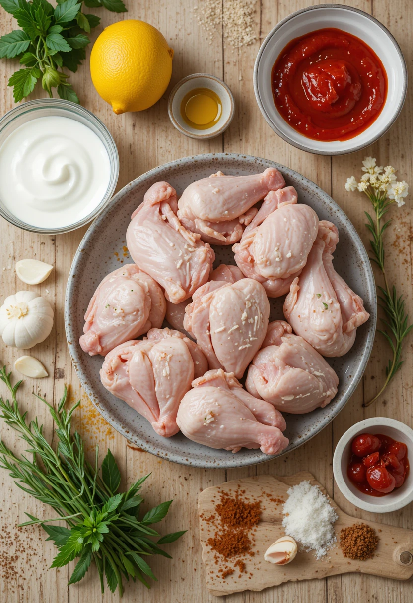 Ingredients for Turkish grilled chicken wings on a wooden surface