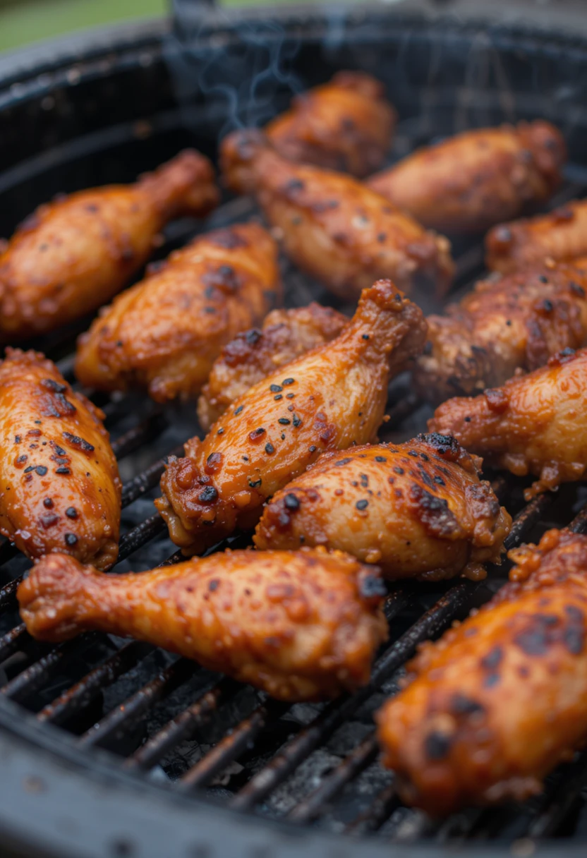 Marinated Turkish chicken wings grilling over open flame