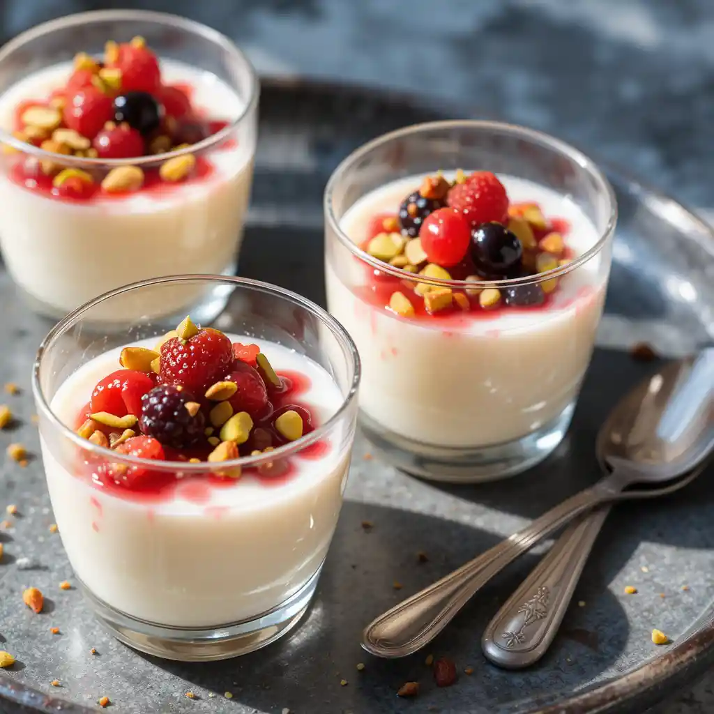 Mahalabia milk pudding topped with rose syrup and pistachios