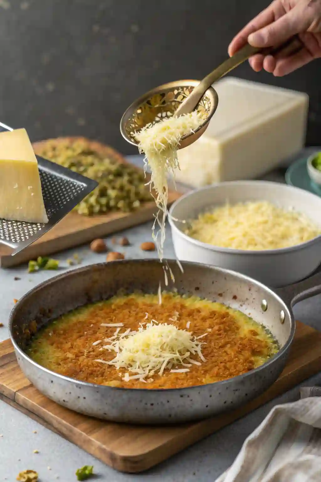 Layering Kadayıf and cheese for Turkish Kunefe