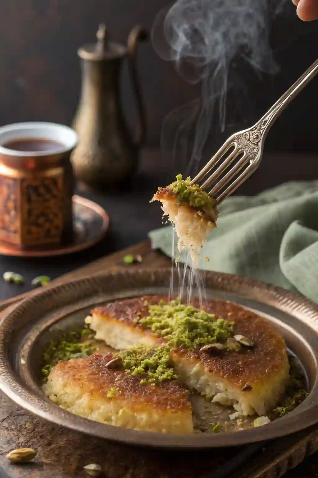 Cooking and soaking Turkish Kunefe with syrup (Turkish Dessert with Cheese)
