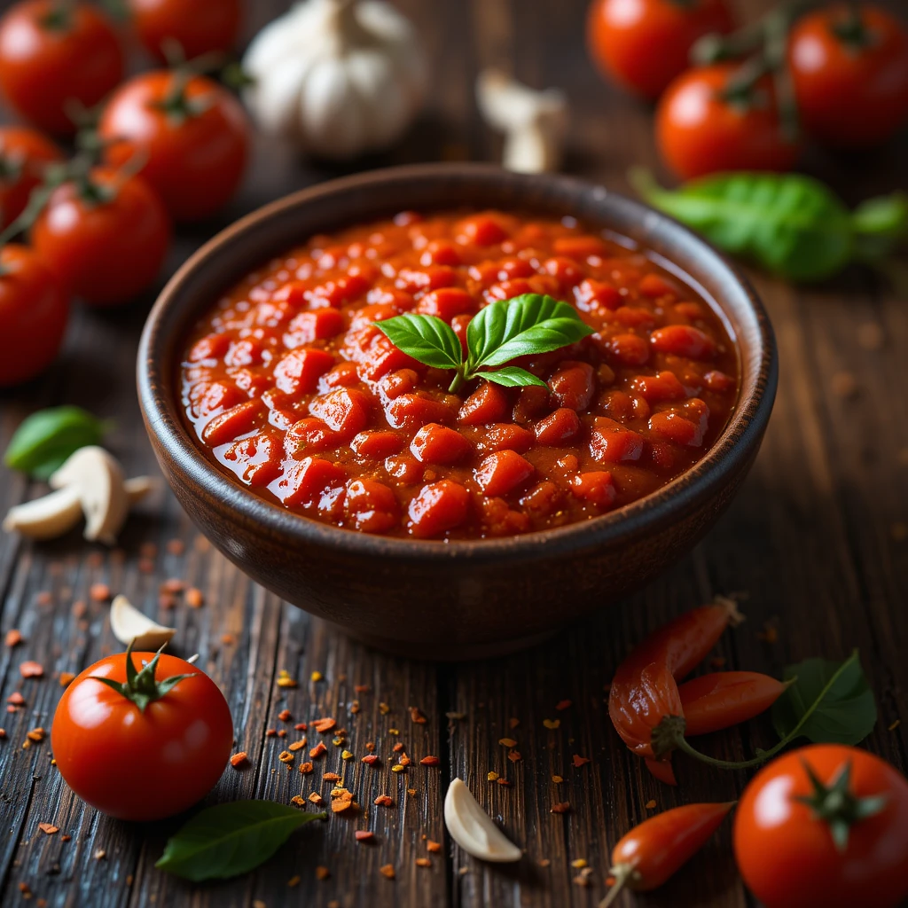 Spicy marinara sauce in a rustic bowl
