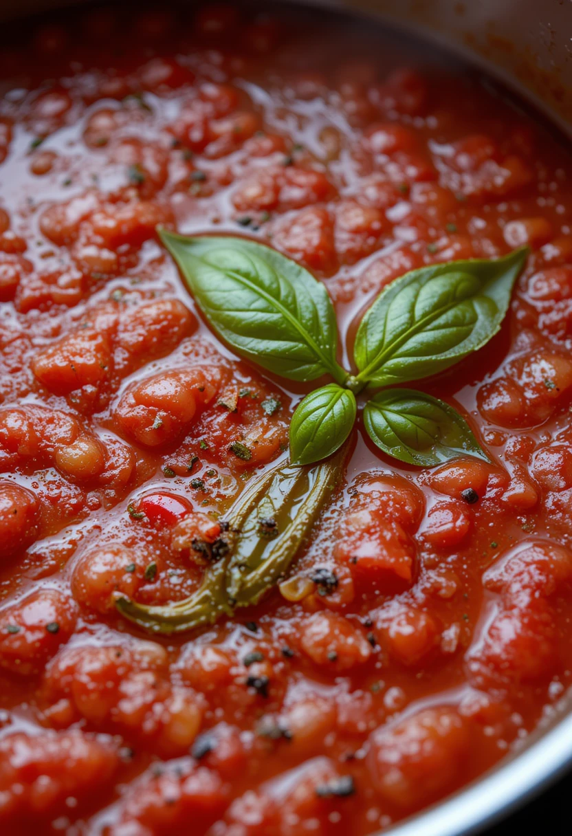 Spicy marinara simmering in pan