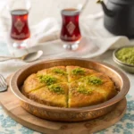 Turkish Kunefe dessert with melted cheese and pistachios (Turkish Dessert with Cheese)