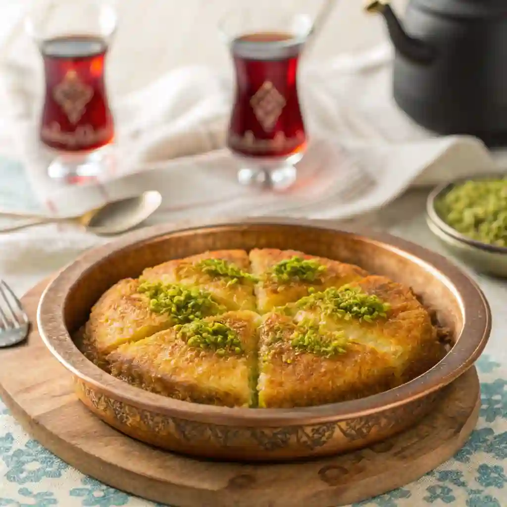 Turkish Kunefe dessert with cheese and pistachios served hot
