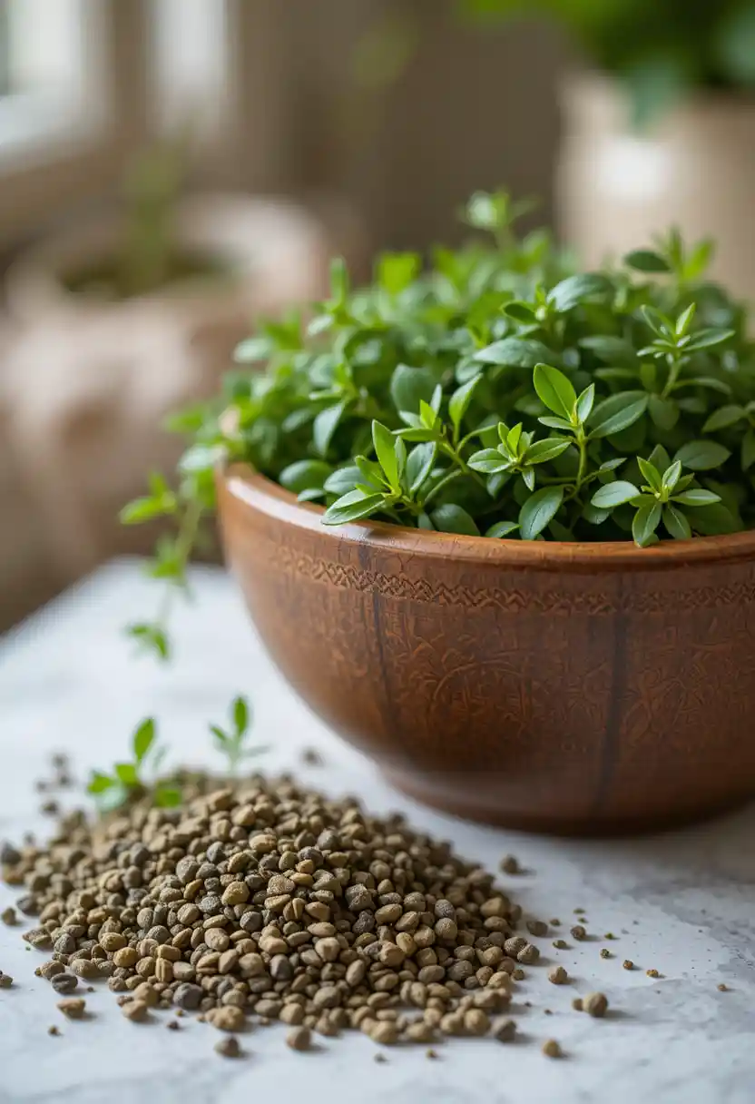 Fresh marjoram leaves and dried marjoram in a rustic wooden bowl