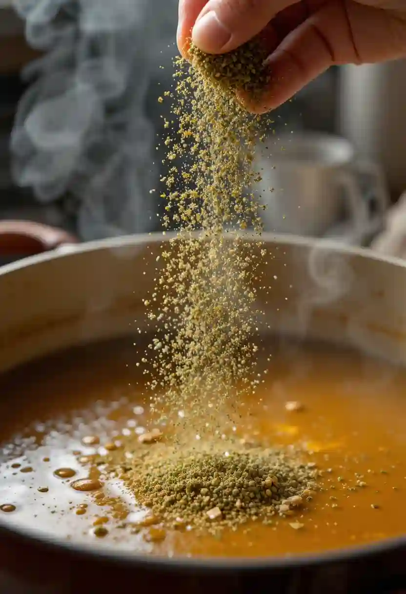 marjoram spice into simmering soup pot