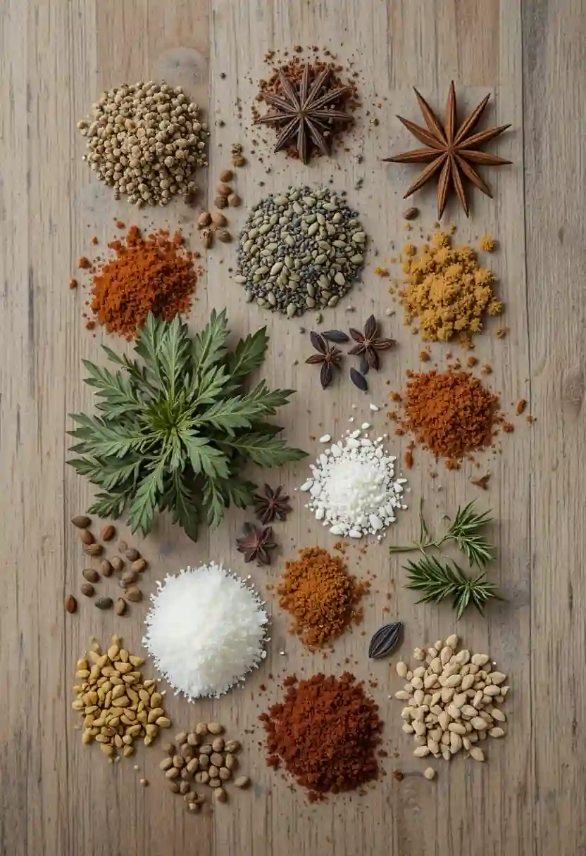 Assorted spices, including marjoram, 