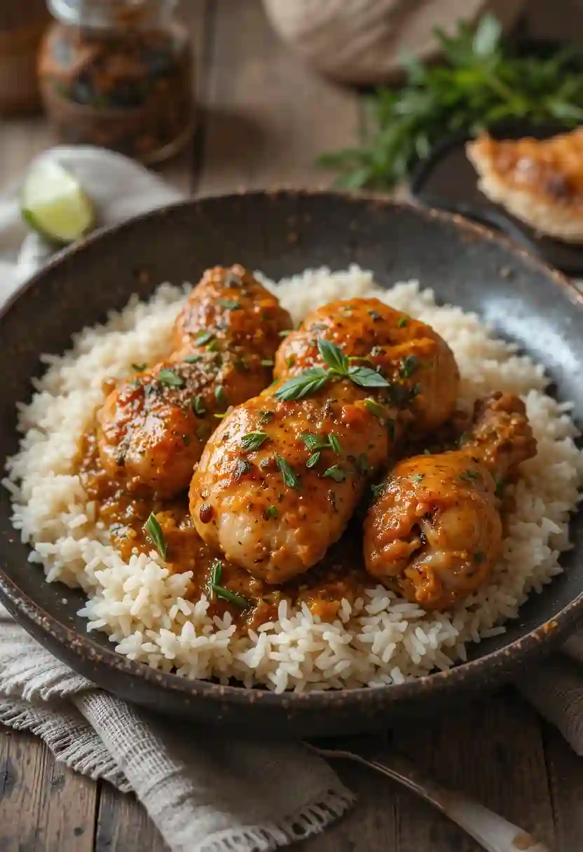 Turkish chicken dish with rice, garnished with marjoram leaves