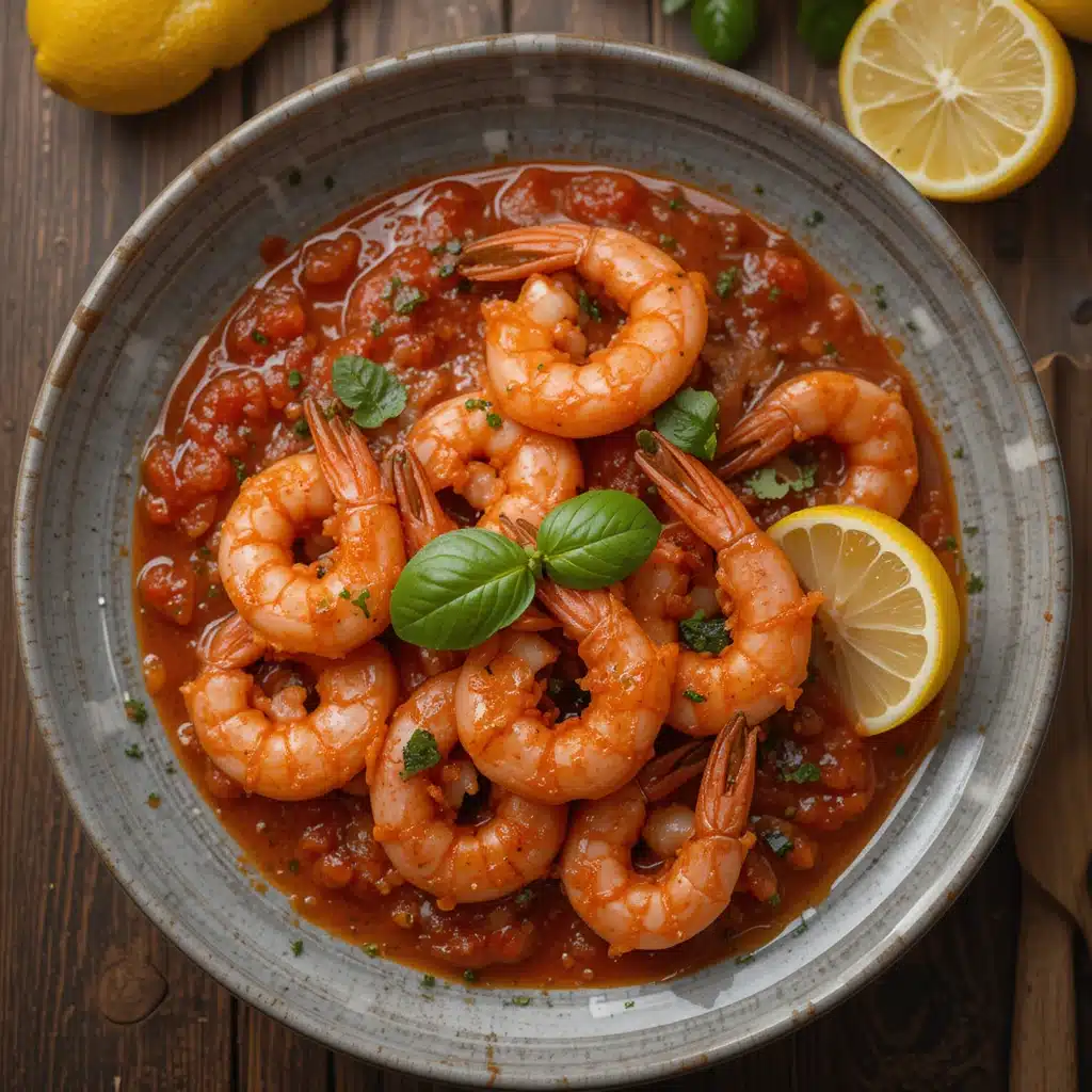 Shrimp with marinara sauce served on rustic table