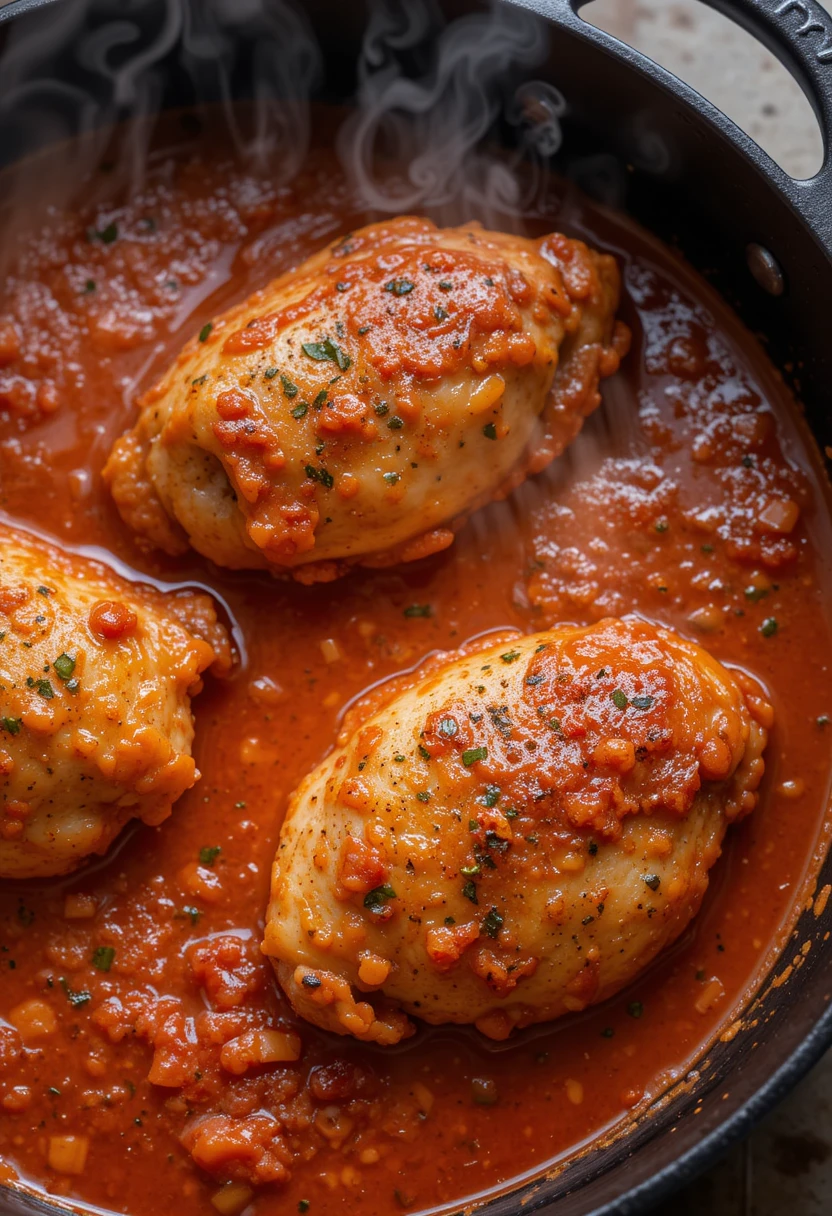 Chicken simmering in marinara sauce in cast iron skillet with steam