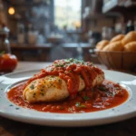 Chicken with marinara sauce served in rustic kitchen with bread and cozy atmosphere