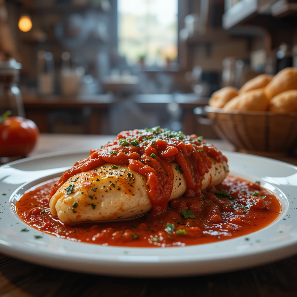 Chicken with marinara sauce served in rustic kitchen with bread and cozy atmosphere