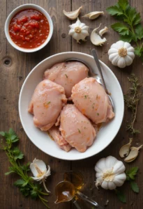 Chicken with Marinara Sauce: A Cozy, Flavorful Classic You’ll Want Again 10 Ingredients for chicken with marinara sauce including raw chicken, garlic, herbs, and olive oil