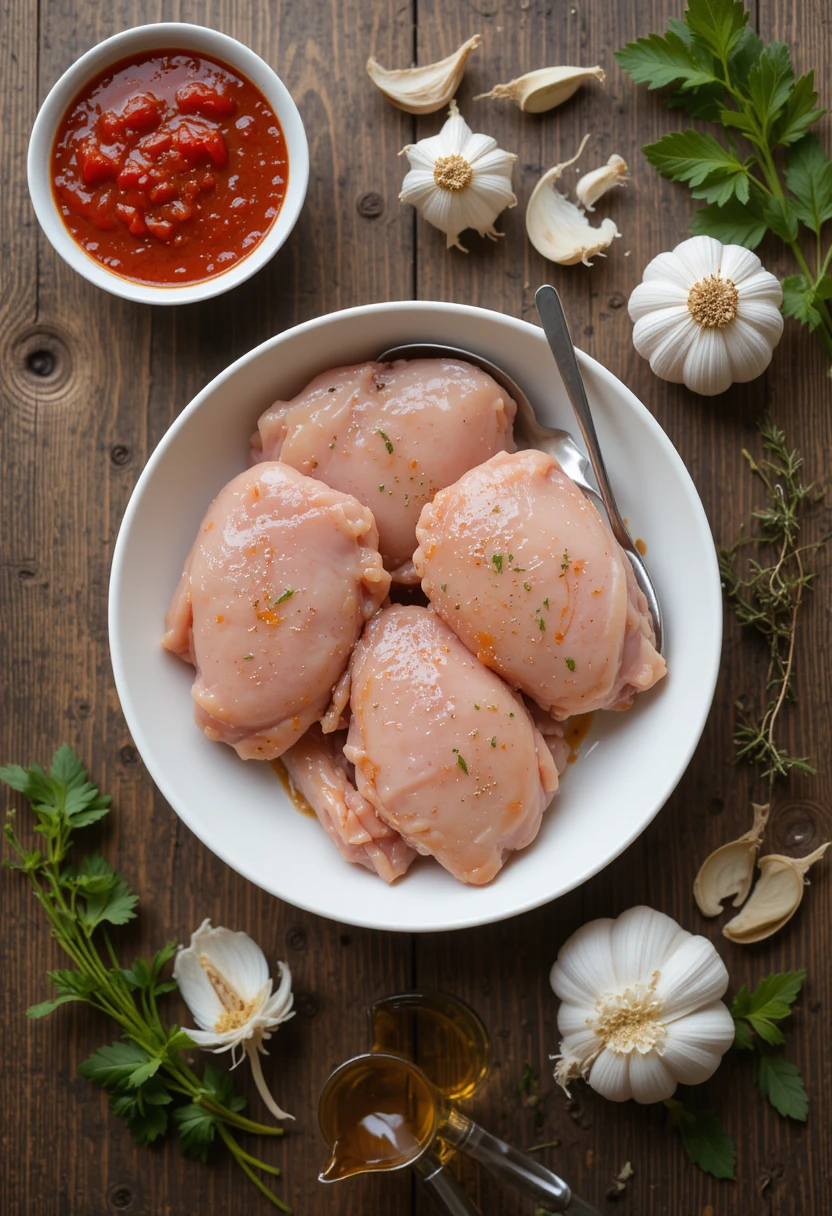 Ingredients for chicken with marinara sauce including raw chicken, garlic, herbs, and olive oil