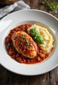 Chicken with Marinara Sauce: A Cozy, Flavorful Classic You’ll Want Again 12 Plated chicken with marinara sauce served with mashed potatoes and basil