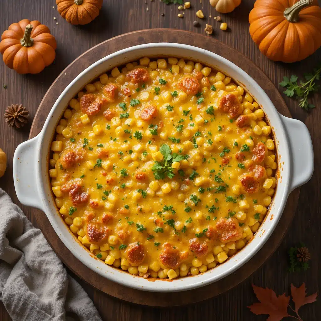 Golden baked corn casserole in a ceramic dish with a crispy top, styled on a rustic wooden table with cozy fall decorations.