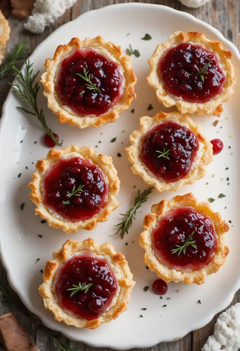 Cranberry brie bites in puff pastry with rosemary