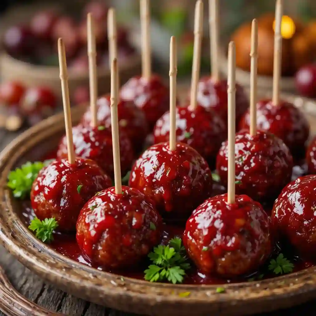 Cranberry sauce meatballs glazed with sweet and tangy sauce, garnished with parsley on a serving platter.