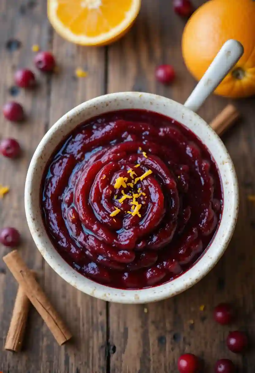 Homemade cranberry sauce with orange juice, topped with fresh orange zest, in a rustic bowl