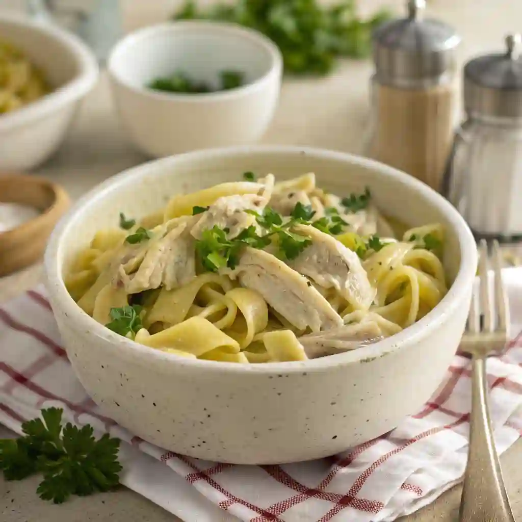 Creamy Crockpot chicken and noodles in a rustic bowl with shredded chicken, egg noodles, and parsley garnish.