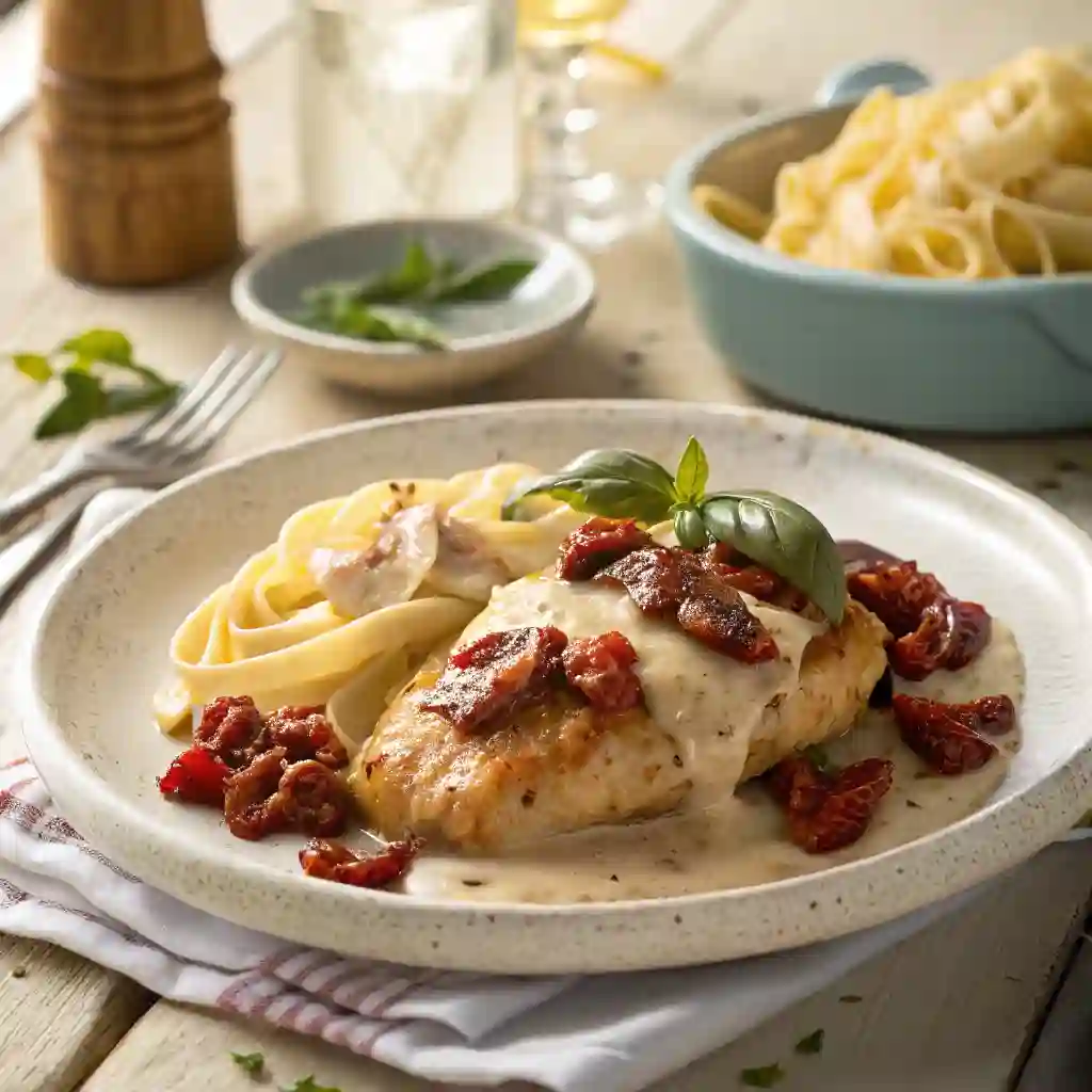 Creamy Crockpot Marry Me Chicken served with sun-dried tomatoes and basil in a rich sauce on a rustic dinner table.