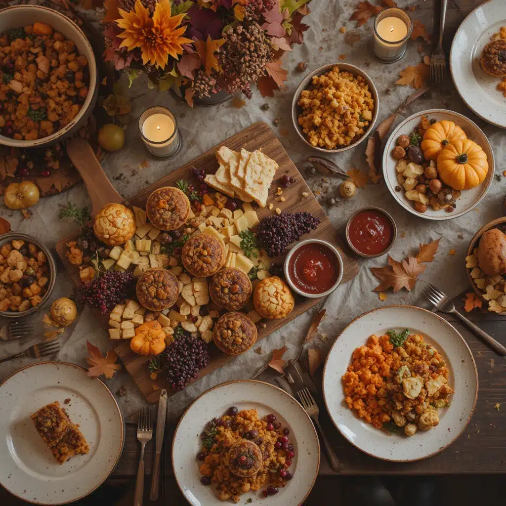 Friendsgiving dinner table filled with cozy dishes like charcuterie board, stuffing muffins, sweet potato casserole, cranberry sauce, and pumpkin pie bites, decorated with candles and autumn leaves.