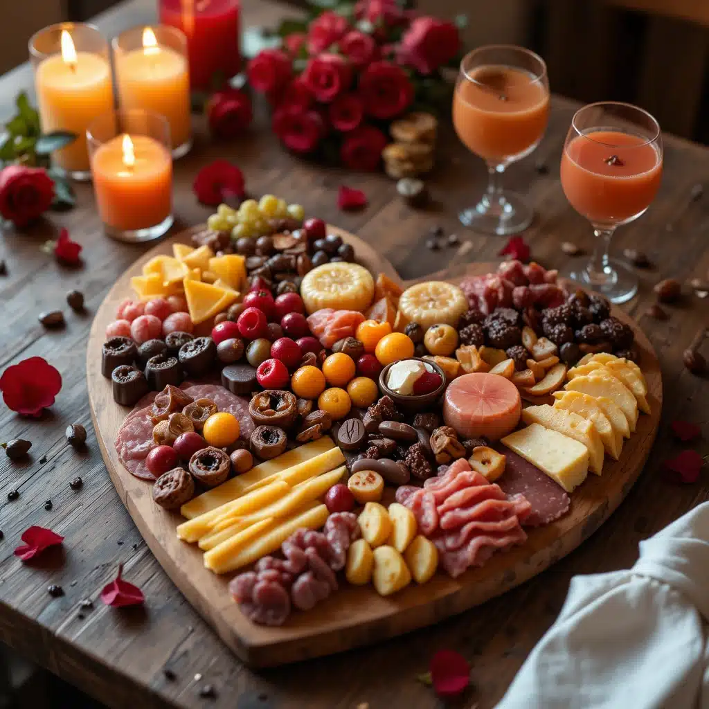 Romantic heart-shaped charcuterie board filled with cheese, fruits, meats, and chocolates on a rustic wooden table with candles and roses.