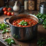 Low sodium marinara sauce simmering in a rustic Italian kitchen
