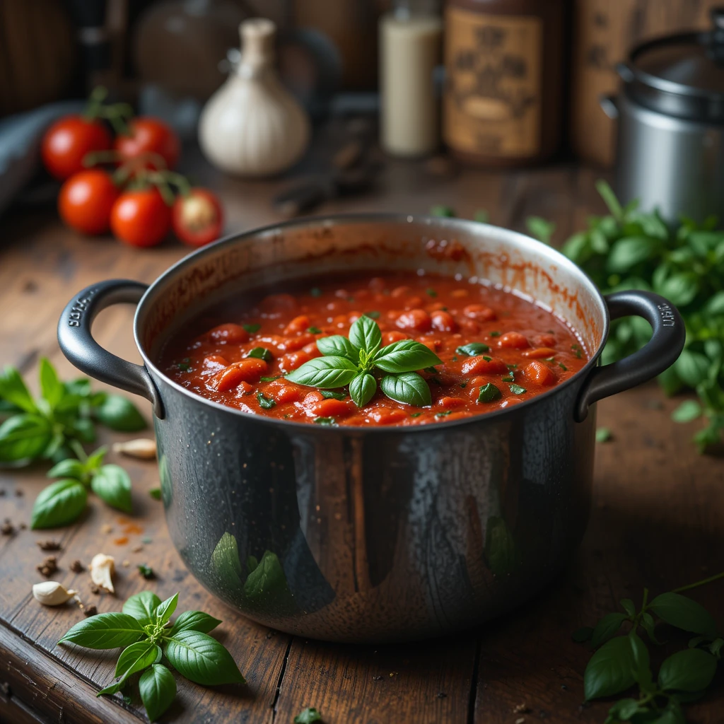 Low sodium marinara sauce simmering in a rustic Italian kitchen