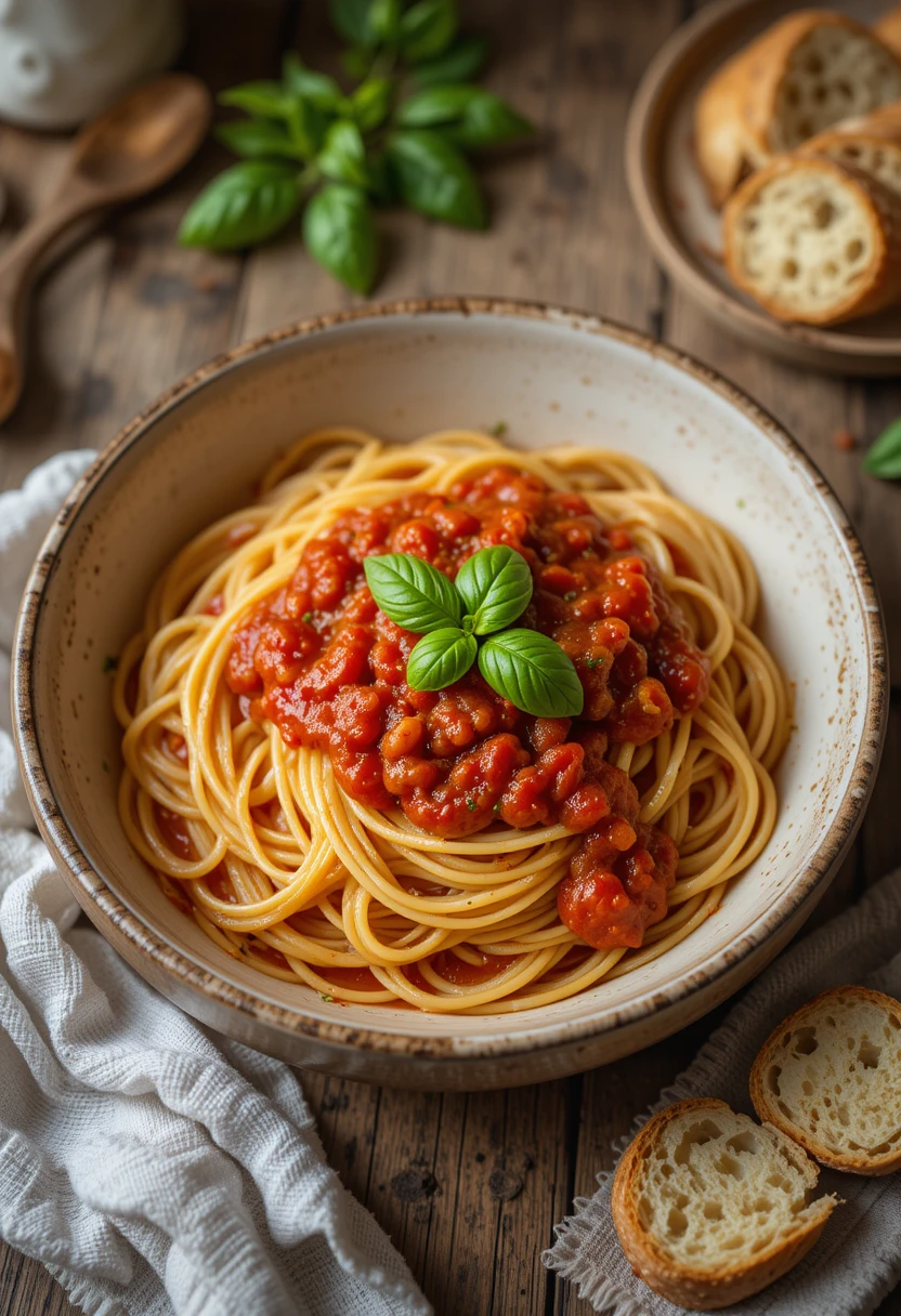 Spaghetti with low sodium marinara sauce served with basil