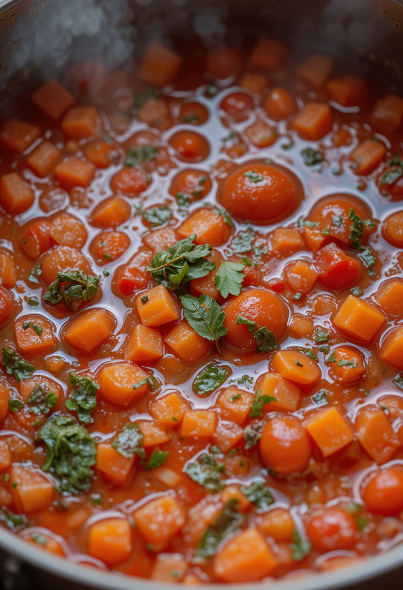 Tomatoes and herbs simmering for low sodium marinara sauce