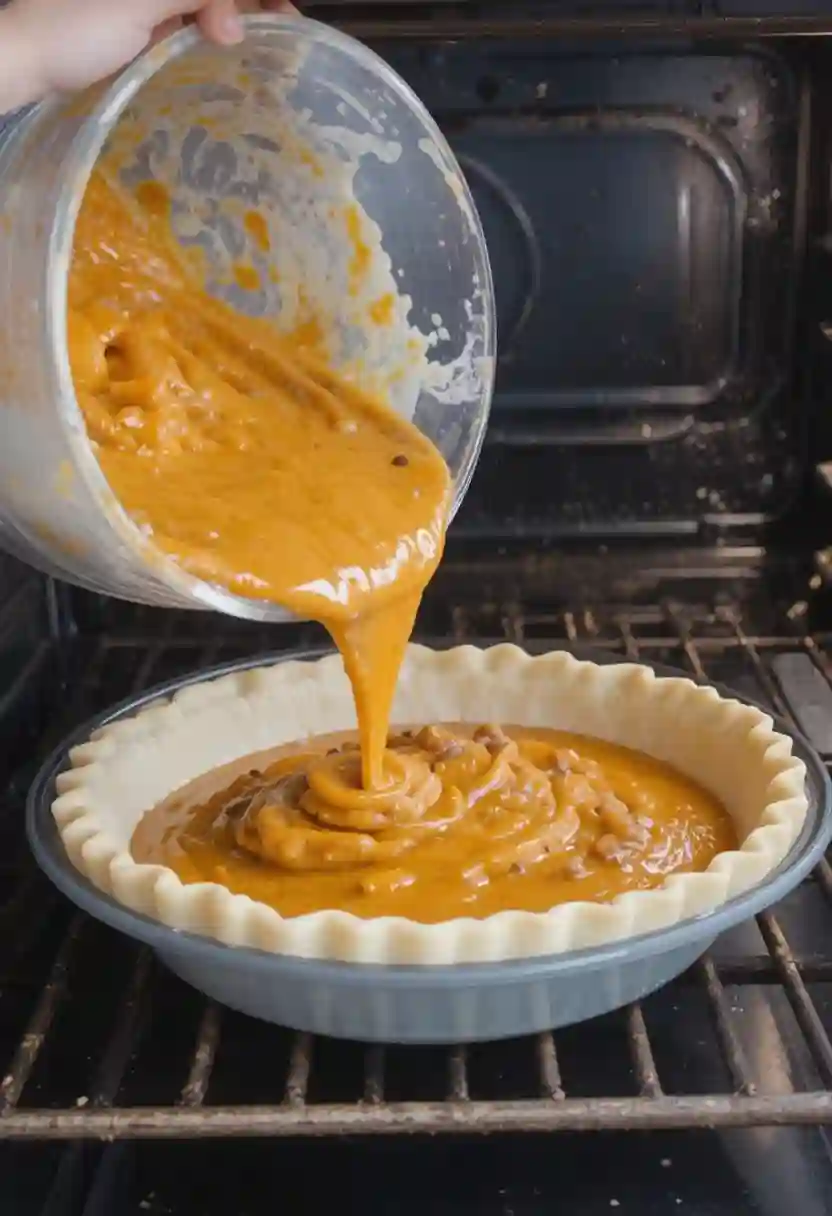 Pouring pumpkin pie filling into crust