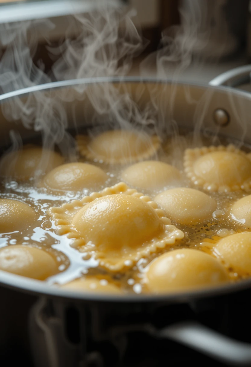 ravioli boiling in pot of salted water