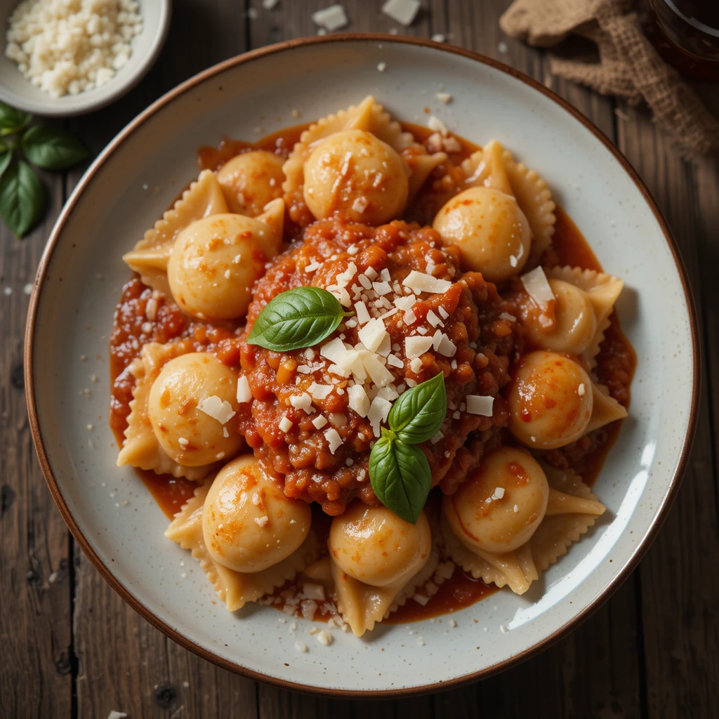 ravioli with marinara sauce in rustic setting