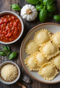 ravioli and marinara ingredients laid out