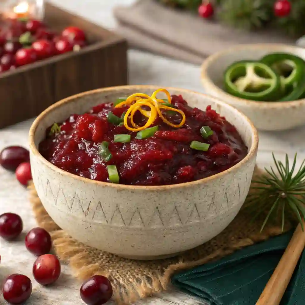 Jalapeño cranberry sauce with orange zest and diced jalapeños in a rustic bowl on a holiday table.