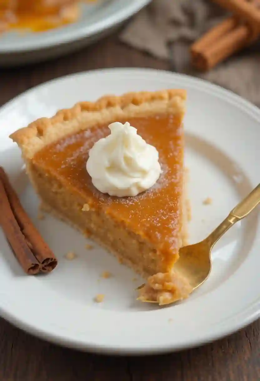 Slice of pumpkin pie with whipped cream
